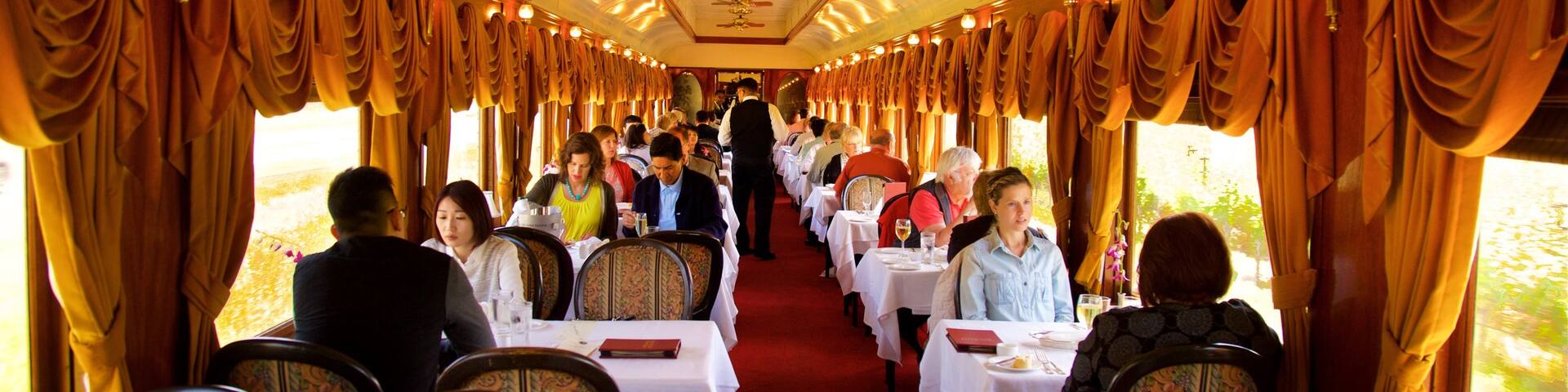 Napa Valley Wine Train showing dining out and interior views as well as a small group of people