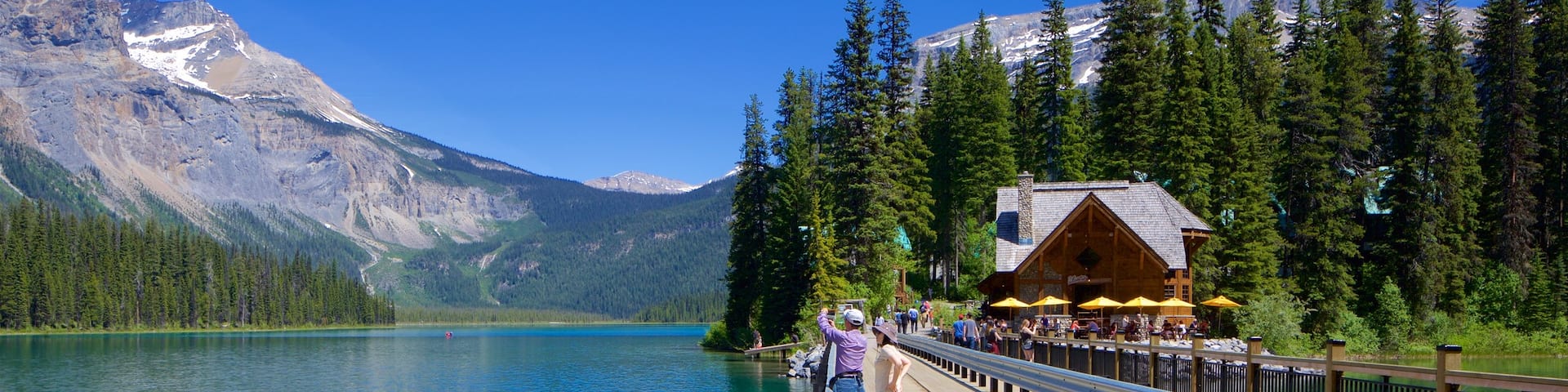 Yoho National Park featuring a lake or waterhole and a bridge as well as a couple