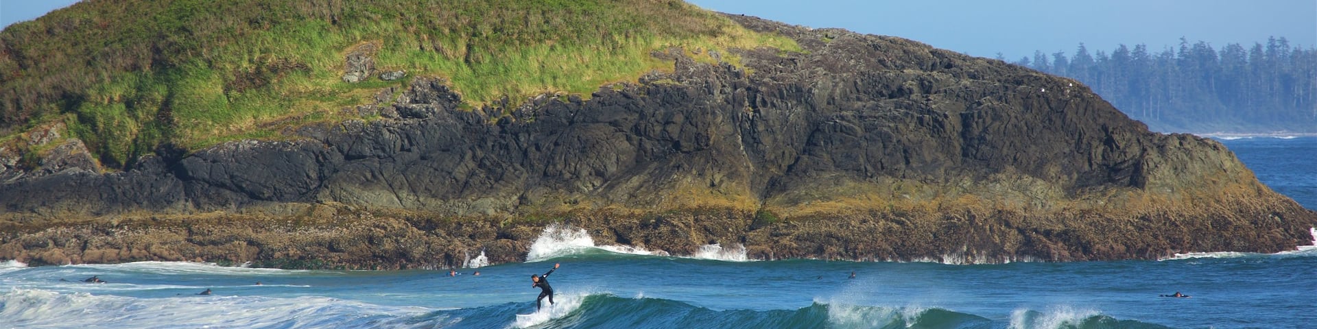 Long Beach which includes surf, general coastal views and rocky coastline