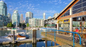 Granville Island som inkluderar en å eller flod, en hamn eller havsbukt och en skyskrapa