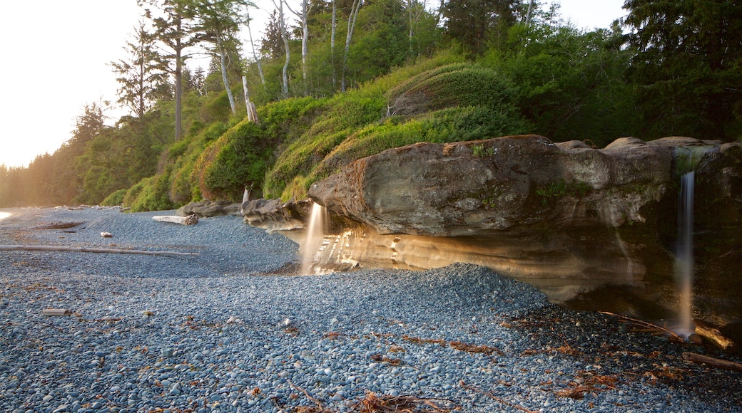 Sooke featuring a sunset and a pebble beach