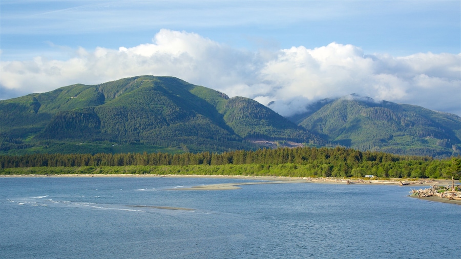 Port Renfrew which includes tranquil scenes, a lake or waterhole and mountains