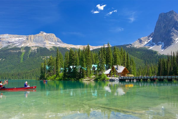 Yoho National Park which includes a small town or village, tranquil scenes and kayaking or canoeing