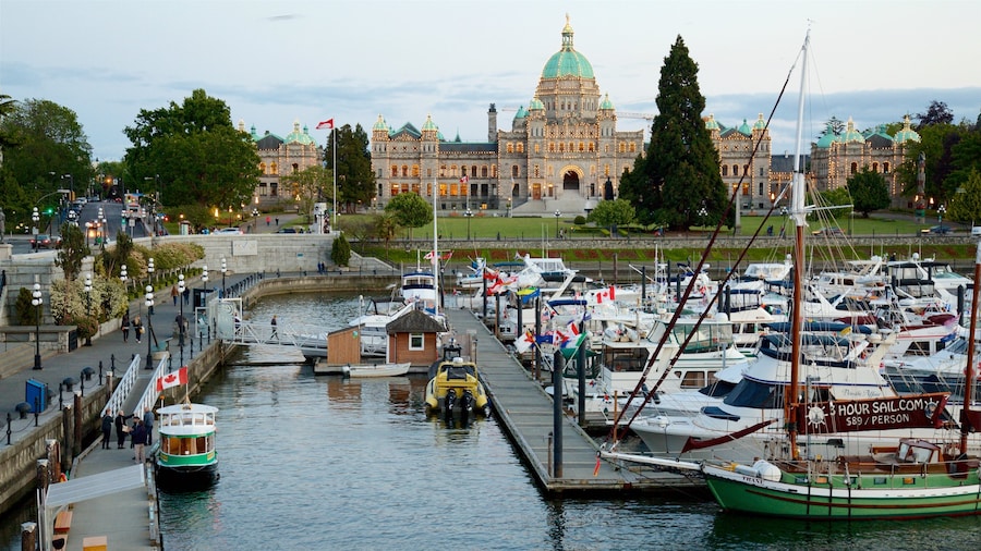 Victoria Harbour featuring heritage architecture and a bay or harbour