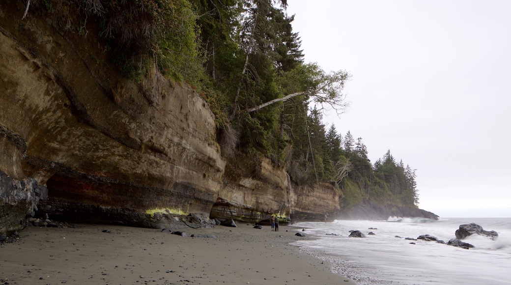 Mystic Beach showing a sandy beach, general coastal views and rocky coastline