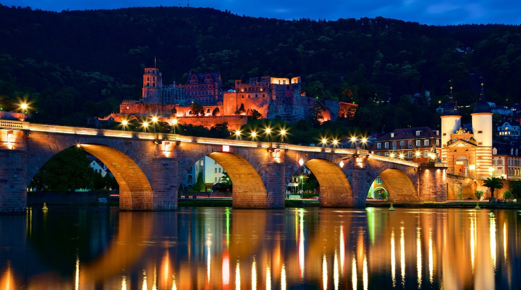 Ponte di Karl Theodor che include oggetti d\'epoca, ponte e paesaggio notturno