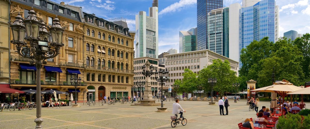 Frankfurt which includes a city, a skyscraper and a square or plaza