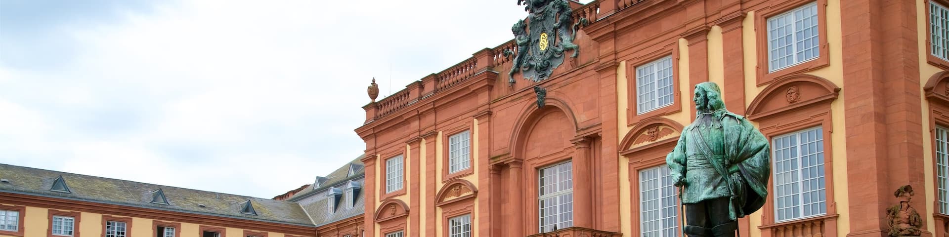 Mannheim Palace showing a statue or sculpture, a square or plaza and heritage elements