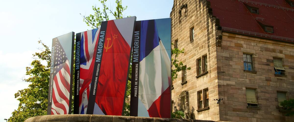 Nuremberg Palace of Justice showing heritage elements and signage