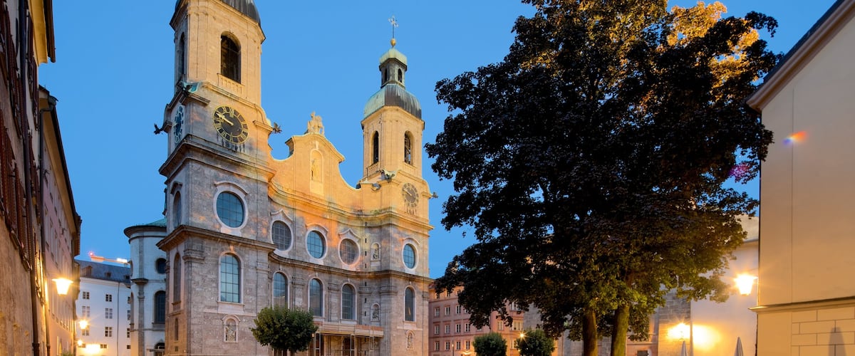 Cathedral of St. James which includes a church or cathedral, night scenes and heritage architecture