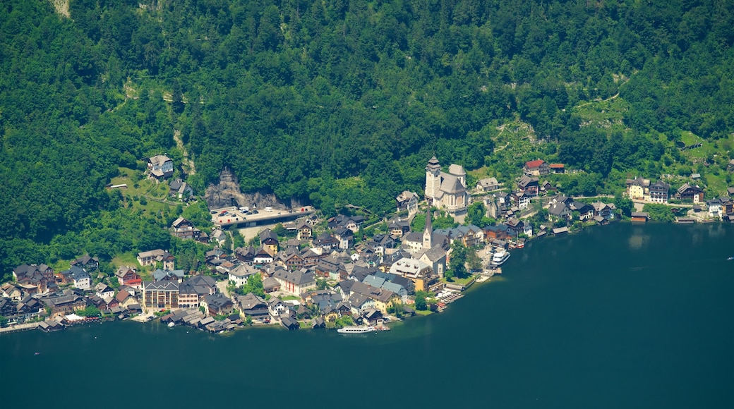 Hallstatt welches beinhaltet ruhige Szenerie, See oder Wasserstelle und Kleinstadt oder Dorf