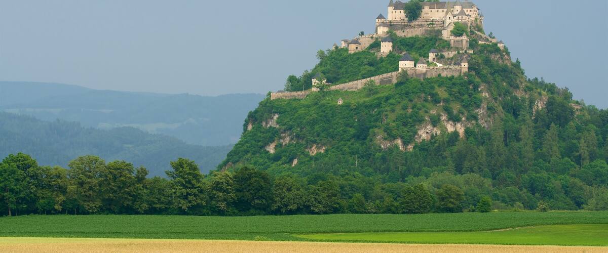 Sankt Georgen am Langsee which includes farmland, a castle and mountains