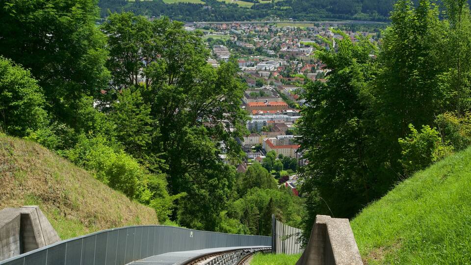 Nordkette Cable Car showing a city and railway items
