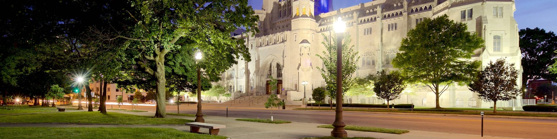 Scottish Rite Cathedral showing heritage architecture, night scenes and a park