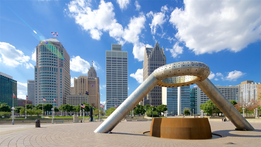 Detroit showing a city, a square or plaza and outdoor art