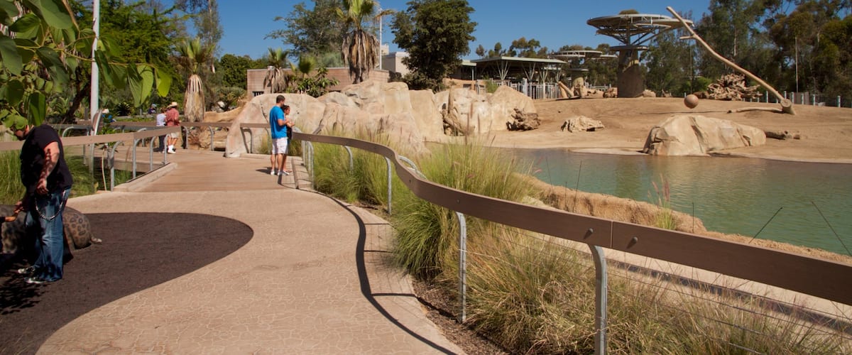 San Diego Zoo showing a pond, landscape views and zoo animals