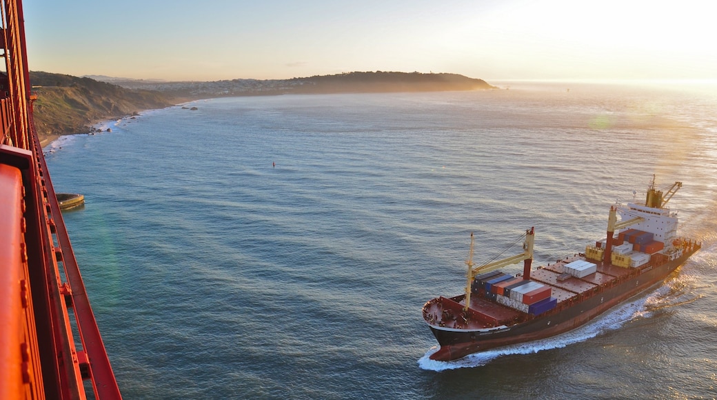 Golden Gate Bridge featuring boating, landscape views and general coastal views