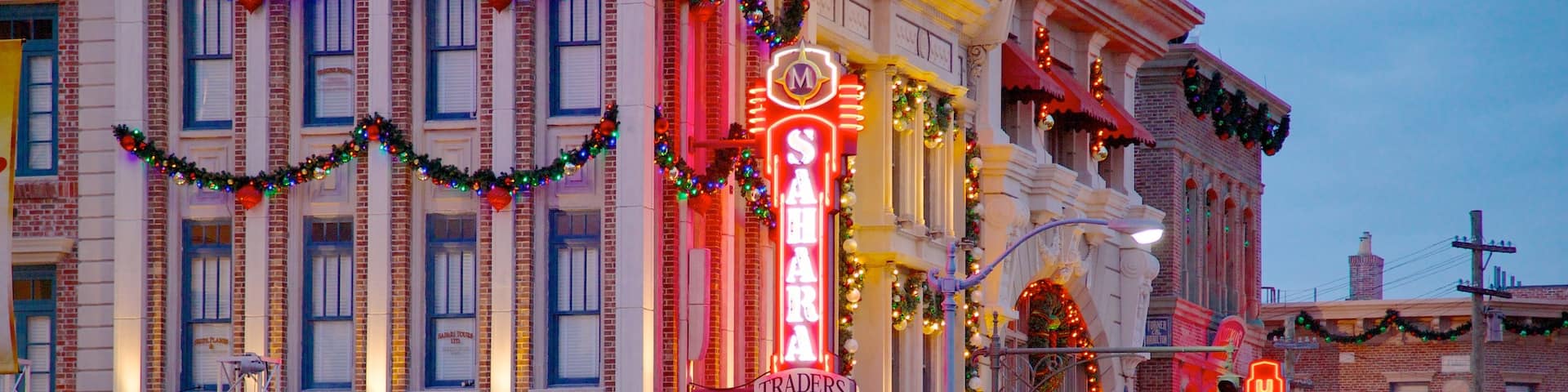 Universal Studios Orlando showing a city, rides and night scenes