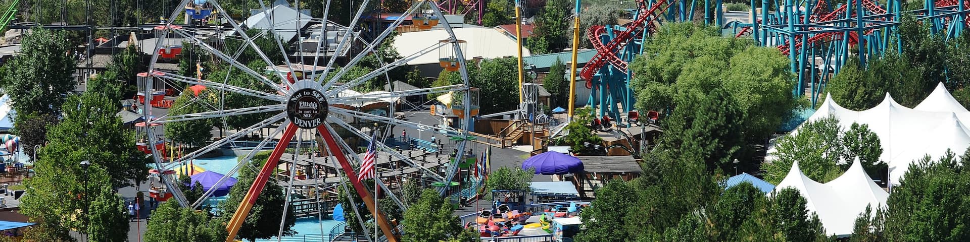 Elitch Gardens Theme Park featuring rides and a city