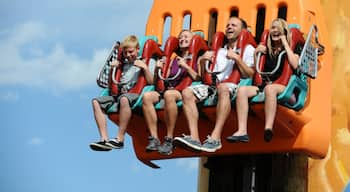 Elitch Gardens mostrando atracciones y también una familia