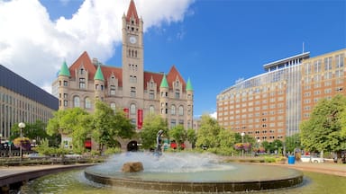 Landmark Center showing a fountain, heritage architecture and a garden