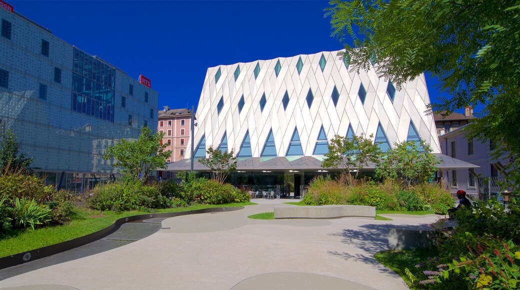 Museum of Ethnography Geneva which includes modern architecture and a park