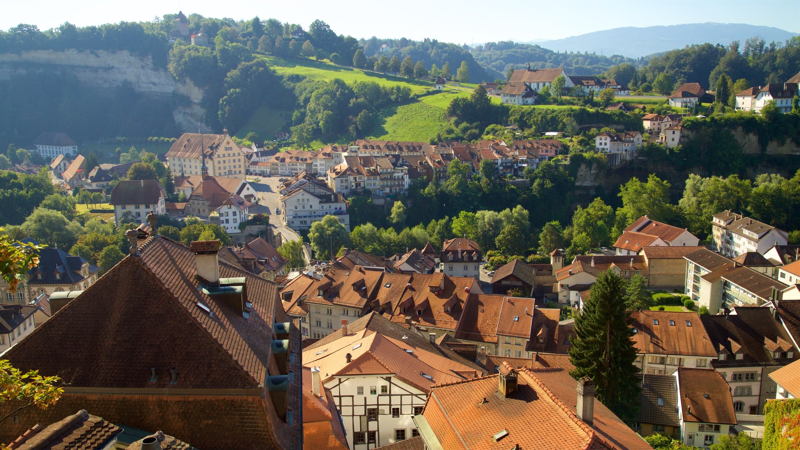 Fribourg showing landscape views and a small town or village