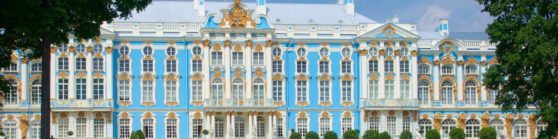 Catherine Palace and Park in Tsarskoye Selo showing a garden and heritage architecture