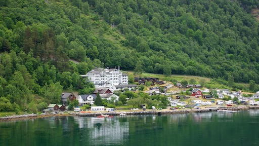 Geiranger som visar en liten stad eller by och en å eller flod