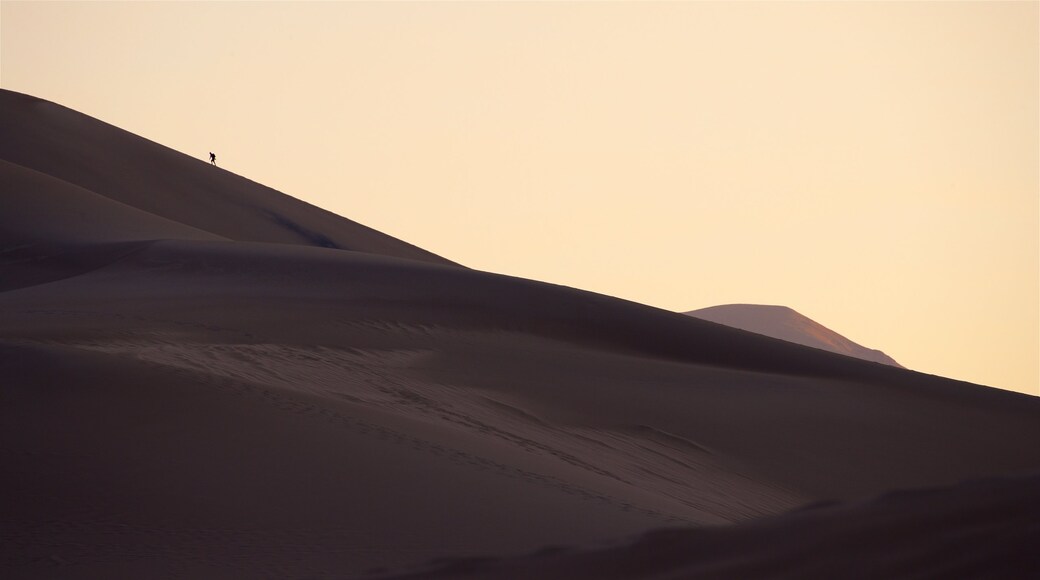 Great Sand Dunes National Park featuring landscape views, desert views and a sunset