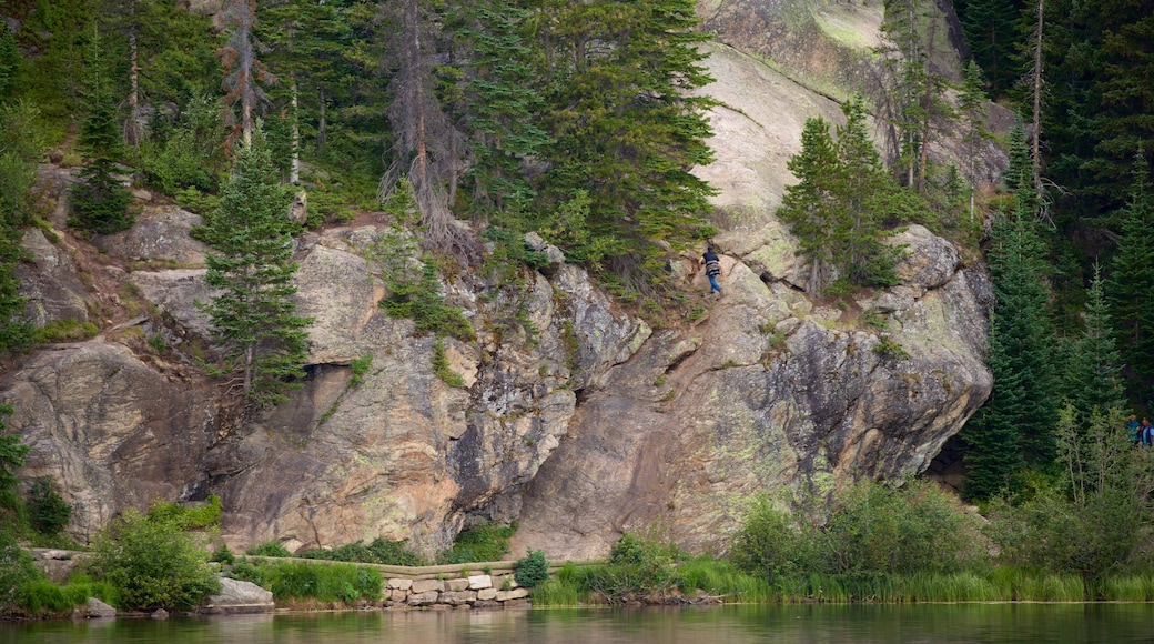 Bear Lake Trailhead showing a lake or waterhole and a gorge or canyon