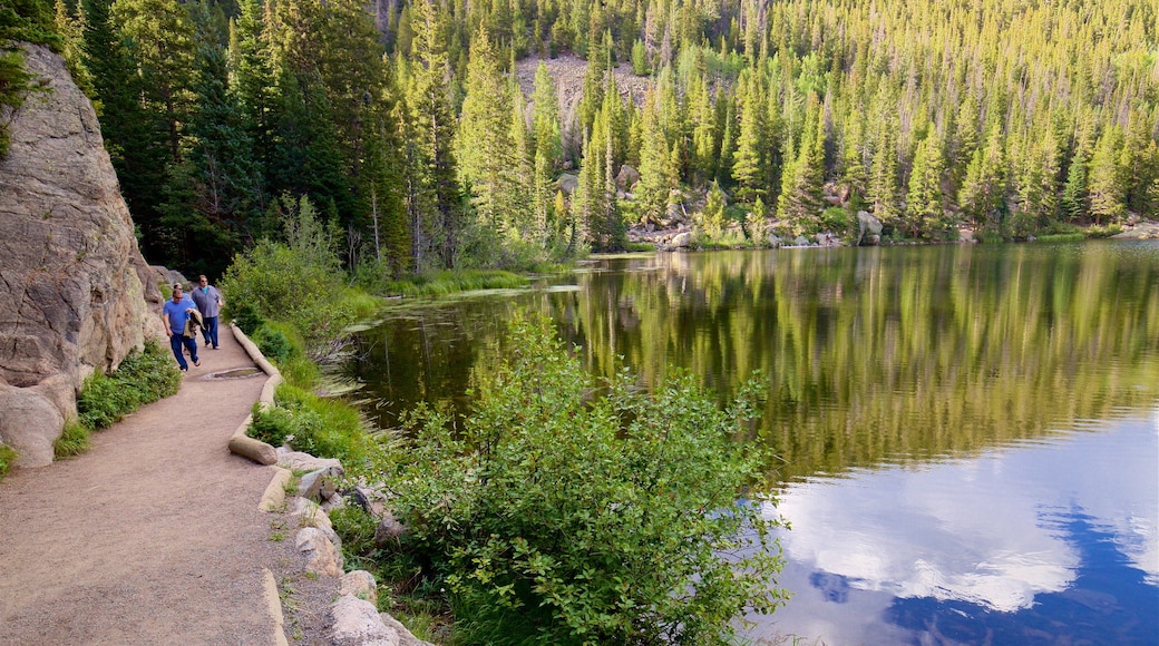 Bear Lake - inizio del sentiero che include lago o sorgente d\'acqua cosi come un piccolo gruppo di persone