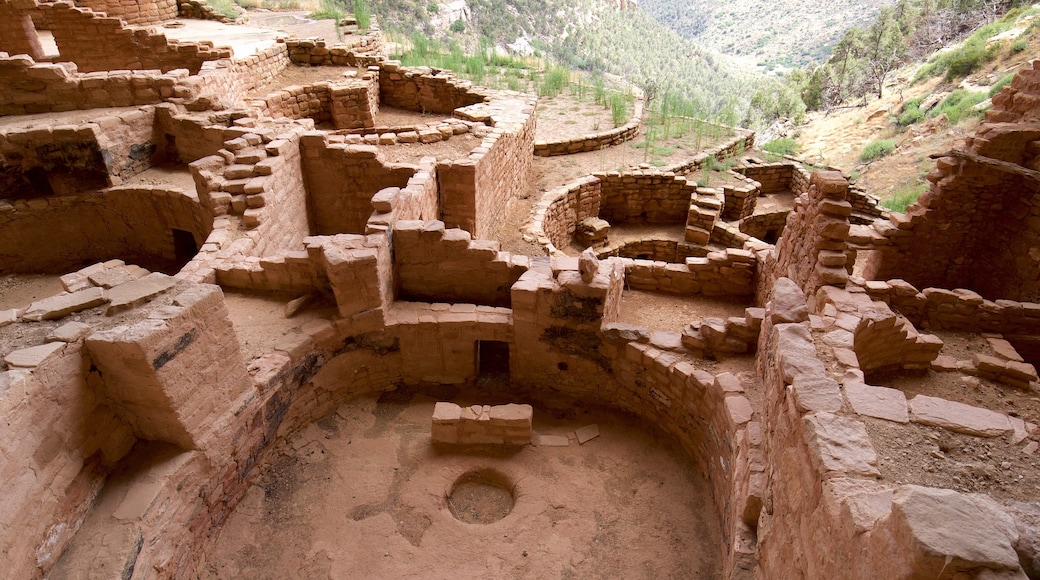 Acantilado Long House que incluye arquitectura patrimonial y ruinas de edificios