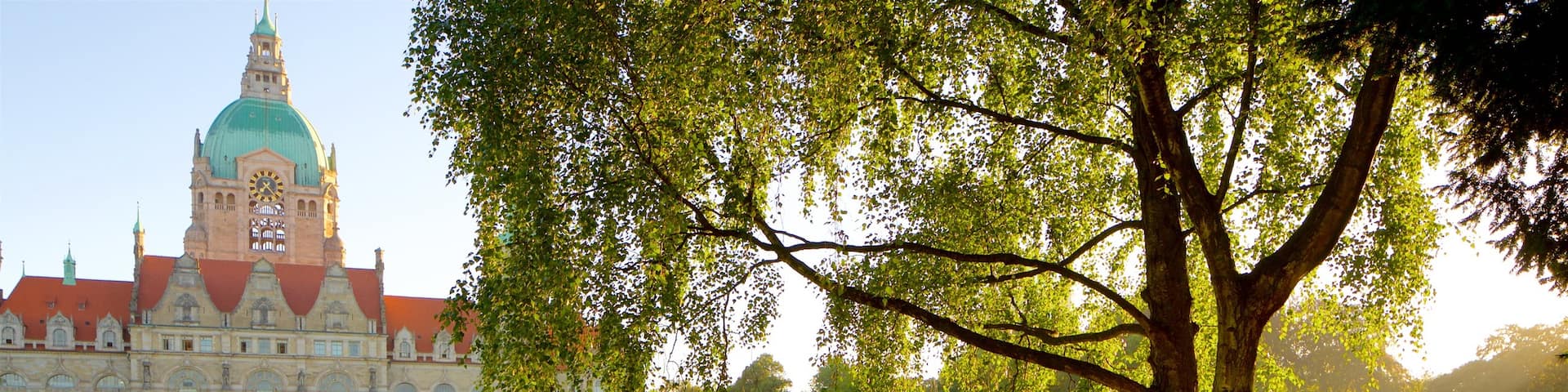 New Town Hall showing heritage architecture, a lake or waterhole and a sunset