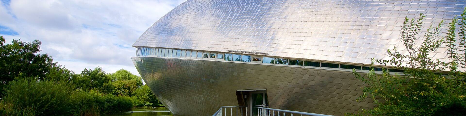Universum Science Center showing modern architecture and a lake or waterhole