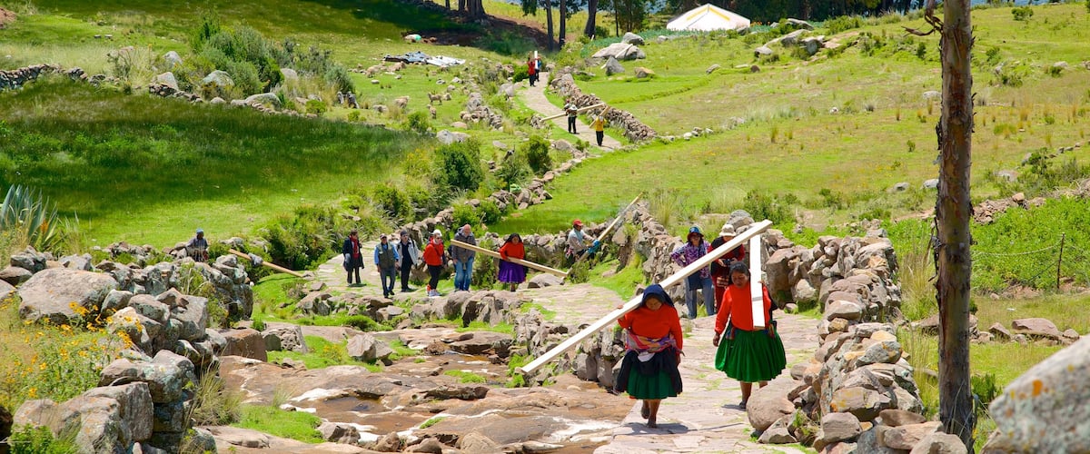 Lake Titicaca showing tranquil scenes as well as a small group of people