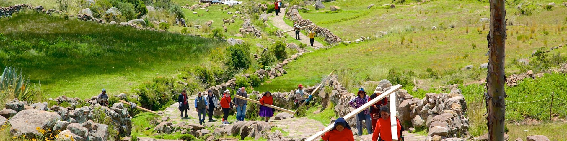 Lake Titicaca which includes tranquil scenes as well as a small group of people