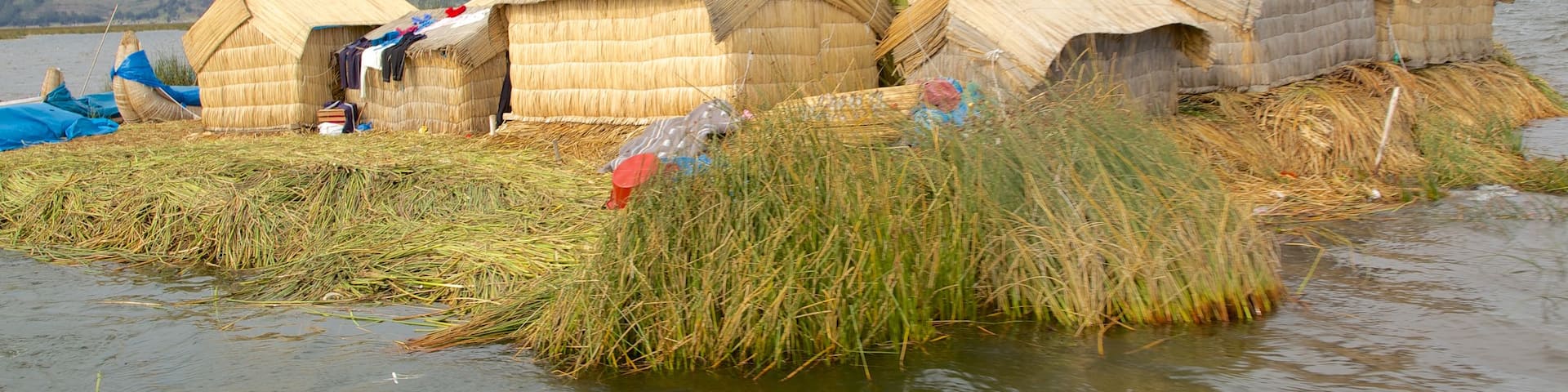 Uros Floating Islands which includes a small town or village and a lake or waterhole