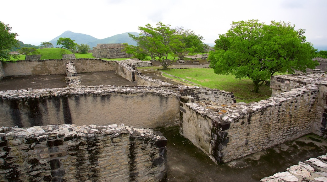 Zona monumental arqueológica de Xochicalco mostrando un jardín y una ruina