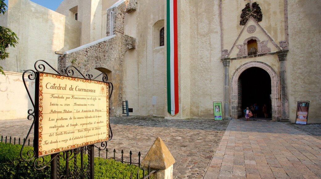 Cuernavaca Cathedral showing heritage elements and signage