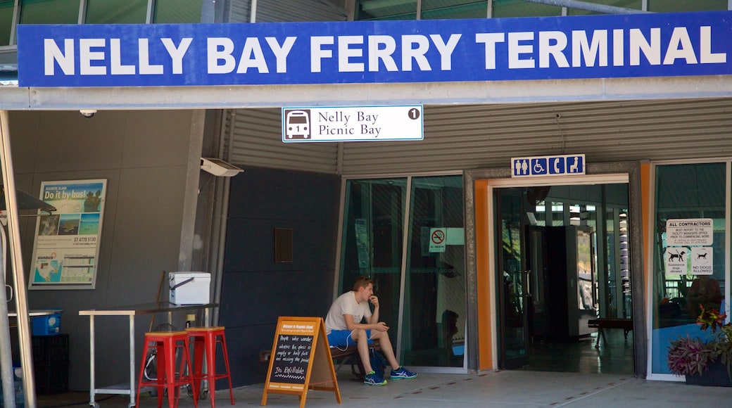 Magnetic Island Ferry Terminal showing signage as well as an individual male