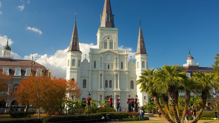 Saint Louis Cathedral which includes a church or cathedral, religious elements and a city
