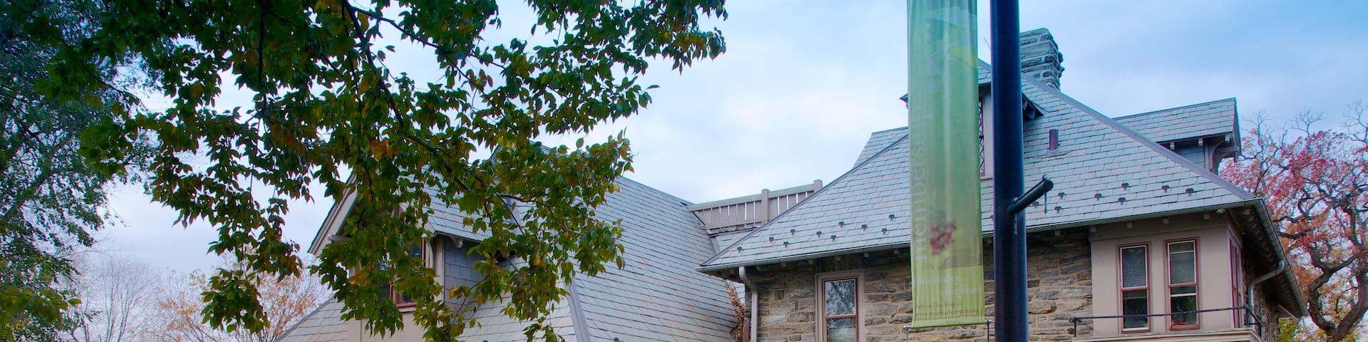 Morris Arboretum montrant petite ville ou village et shopping