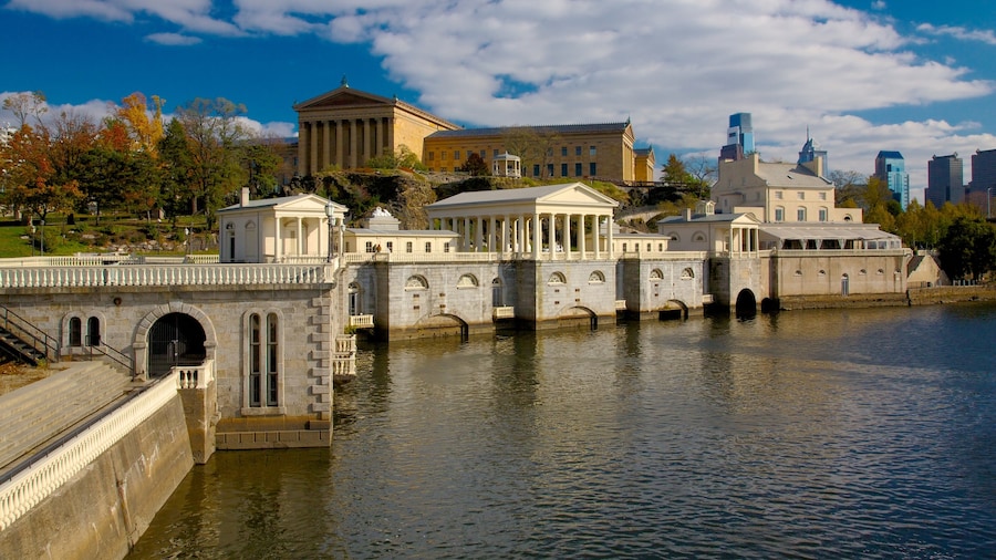 Scenic view of Fairmount Park with waterfront and historic architecture in Philadelphia.