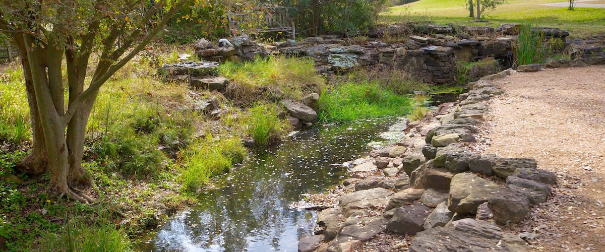 Memorial Park featuring landscape views, a pond and a memorial