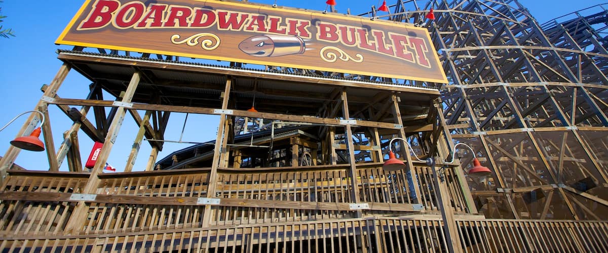 Kemah Boardwalk showing signage and rides