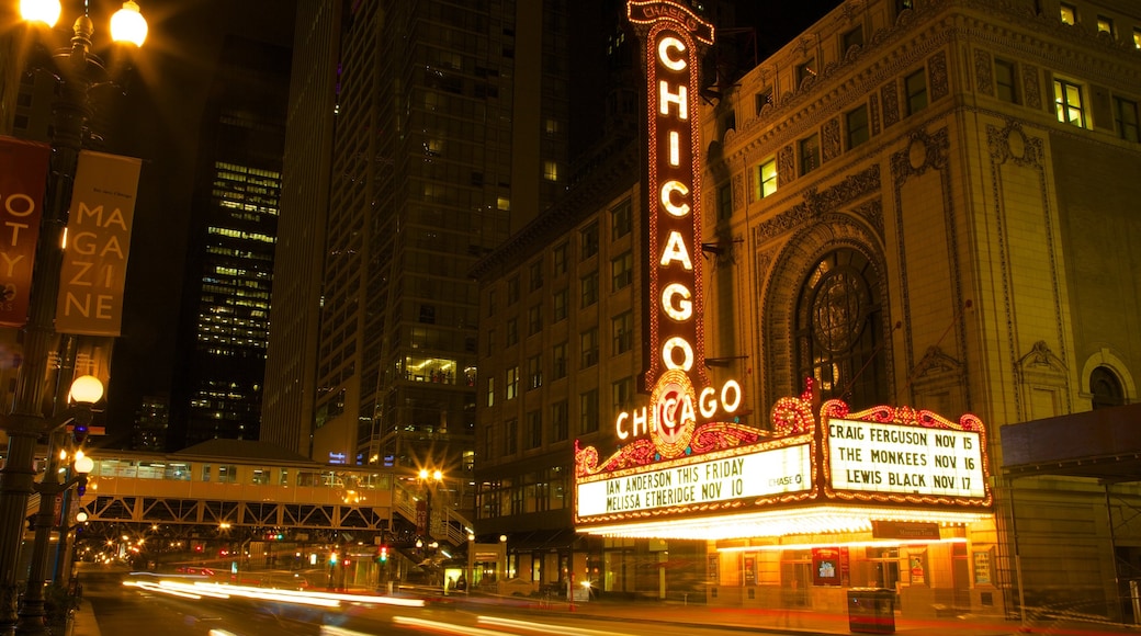 Chicago ofreciendo escenas de teatro, señalización y una ciudad