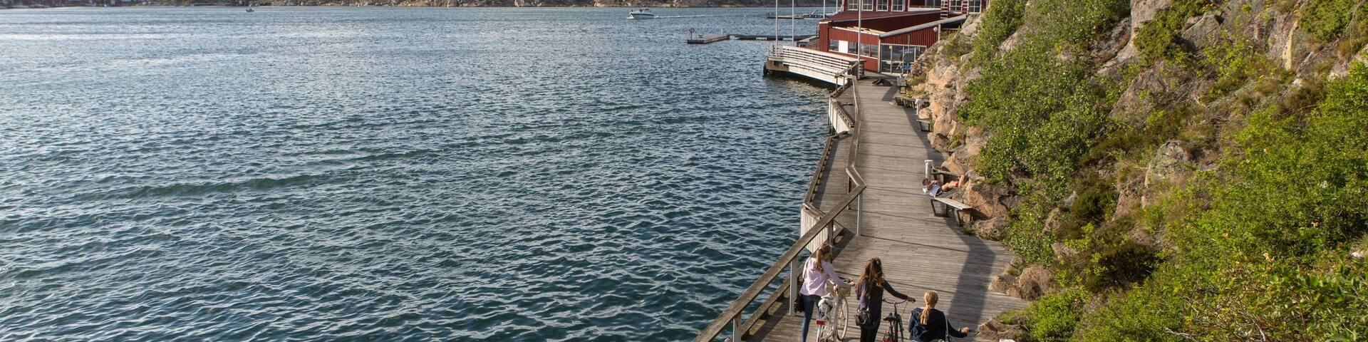 Kungshamn showing a lake or waterhole as well as a small group of people