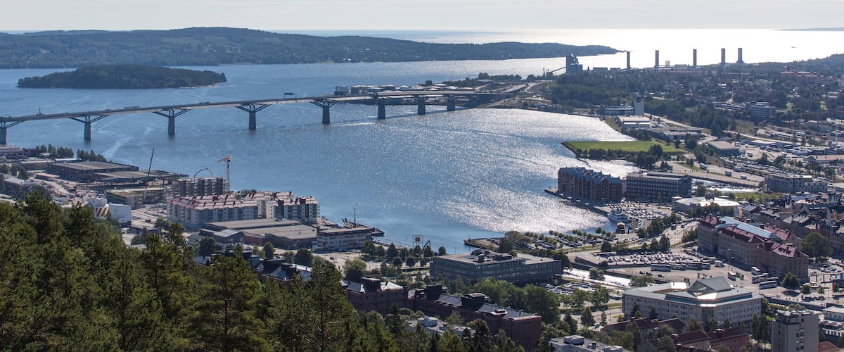 Sundsvall featuring a bay or harbor, a city and a bridge
