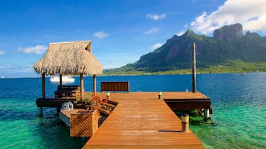 Bora Bora que incluye escenas tropicales, montañas y vistas de una costa